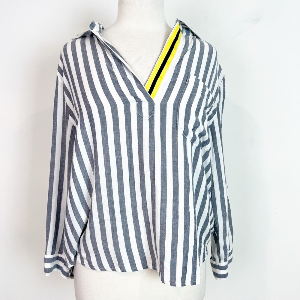 SUNDAYS GRAY BLUE CHAMBRAY AND WHITE STRIPES HOODIE SHIRT SZ 0/XS